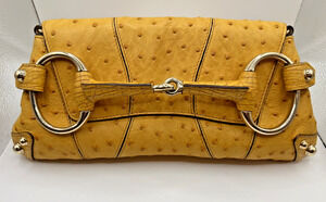 VINTAGE GUCCI Tom Ford Ostrich Leather Horsebit Flap Clutch Yellow Evening Bag